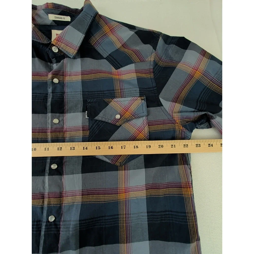 Levi Pearl Snap‎ Long Sleeve Shirt Mens XL Blue Plaid Western Rodeo Landman
